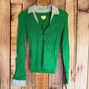 Maeve Anthropologie Cardigan Sweater Rib Knit Collared Green Preppy Button Small